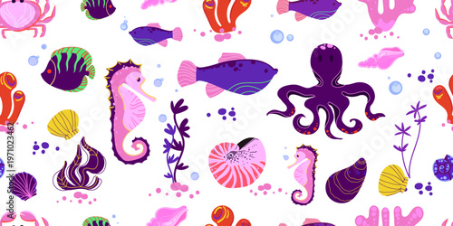 Seamless underwater pattern with colorful sea creatures including fish octopus seahorse and coral ideal for textiles wallpapers wrapping paper and kids design projects. Vector illustration