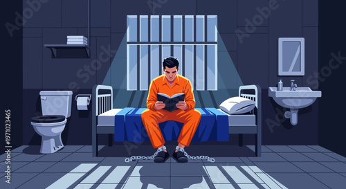 Illustration of a prisoner reading a book on a bed in a jail cell with a toilet and sink