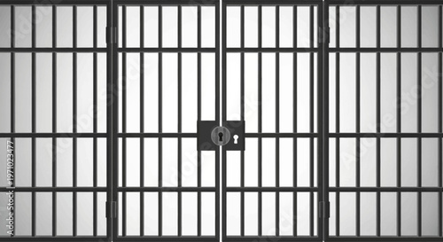 Close-up of a metal prison cell door with a latch and bars on a gray background.