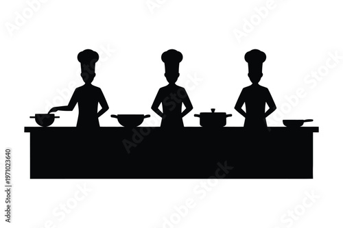 Chefs silhouette preparing food at a kitchen counter with pots