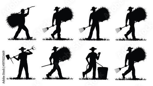 Farmers working with hay bales and gardening tools in silhouette various actions and poses on grassy field