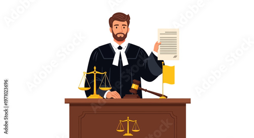 Illustration of a male judge sitting at a desk with a gavel and scales of justice