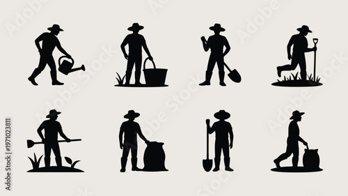 Farmers working in garden with tools and equipment silhouettes agriculture and farming icons set