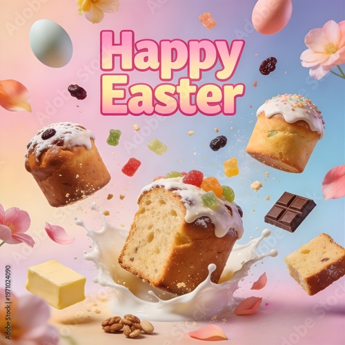 Festive Easter Composition with Floating Easter Cakes, Eggs, and Dynamic Spring Elements on Pastel Gradient Background.