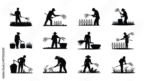 Farmers working in field silhouettes agricultural laborer icons people farming harvesting planting crops