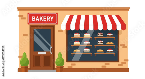 Illustration of a bakery storefront with a red and white awning and various pastries in the window