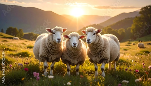 Three Sheep Standing in a Field with a Sunset.