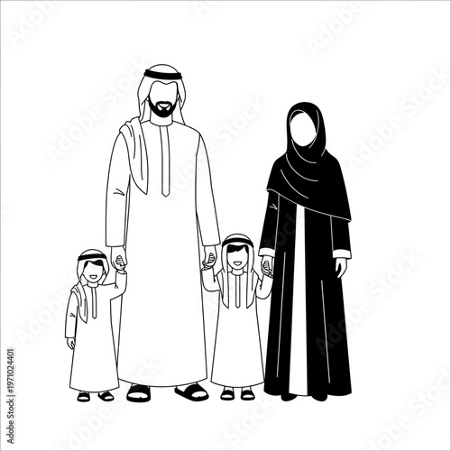 Arabian family in traditional clothing standing.
