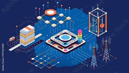 A vibrant vector graphic illustration of a futuristic technology concept with various devices and circuits