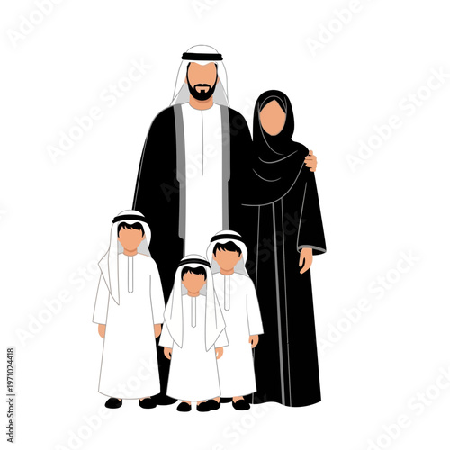 Arabian family in traditional clothing standing.