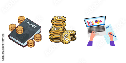 Financial planning budget management illustration with coins and laptop analytics. Financial planning and budgeting icons, coins, accounting book, and business analysis illustration.