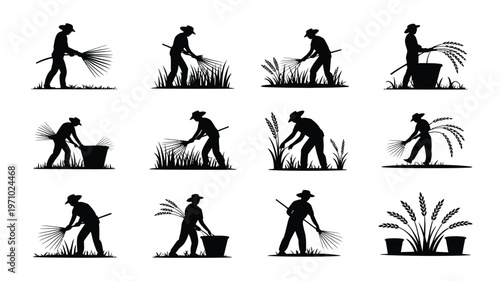 Farmers working in field silhouettes harvesting crops agricultural labor rural landscape farming activities worker icons