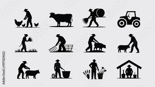 Farmers working on a rural farm with animals and tractor agricultural activities and tools countryside lifestyle