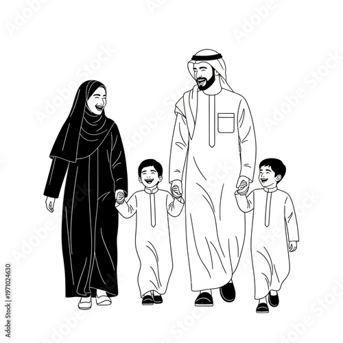 Arabian Family Walking Together Outdoors.