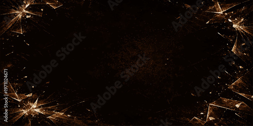 Abstract a dramatic shattered glass frame with fractured fragments against a dark background, evoking a sense of ruin or destruction. It's a symbolic illustration of fragility.