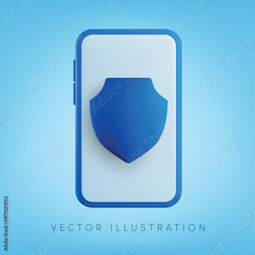 Vector cartoon 3d smartphone protection banner. Realistic minimal 3d mobile phone with blue shield icon. Mobile phone security, network safety, access control, protected device concept for app, web.