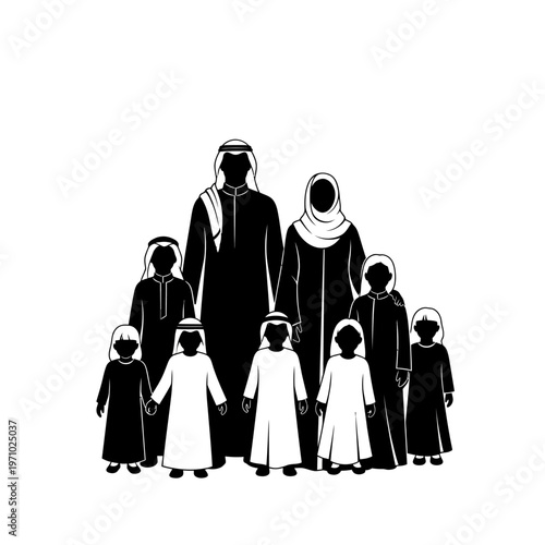 Arabic family in traditional clothing standing.