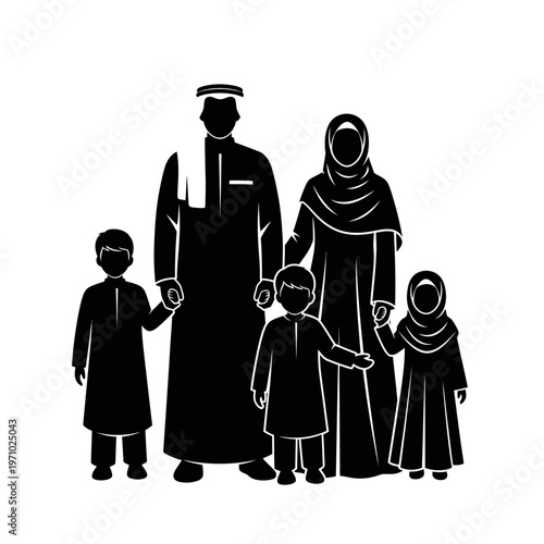Arabic family in traditional clothing standing.
