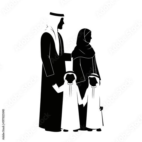 Arabic family in traditional clothing standing.