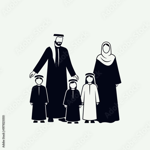 Arabic family in traditional clothing standing.