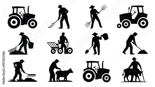 Farmers working with tractors animals and tools in agriculture and farming activities