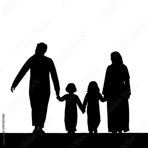 Family holding hands in silhouette.