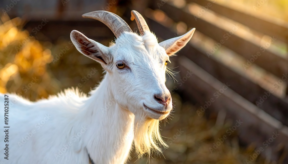 Obraz premium White Goat with Horns in Sunlight - A Close-Up Portrait.