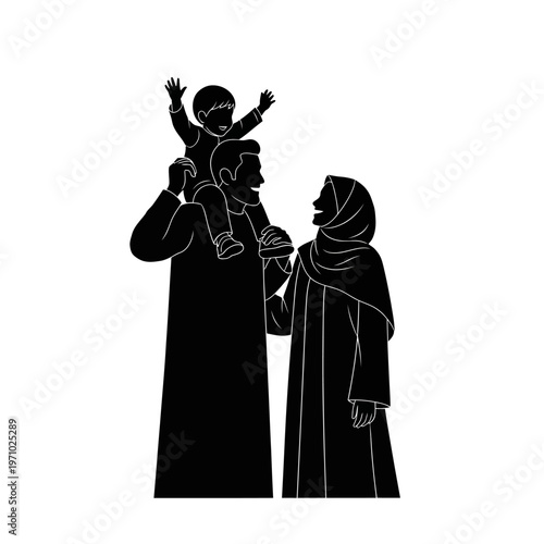 Family with baby standing together.