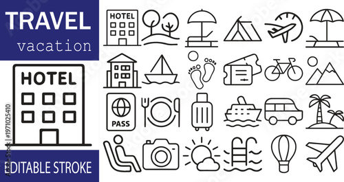 Travel Vacation Icons Set – Hotel, Tourism, Trip & Holiday Line Icons, Editable Stroke