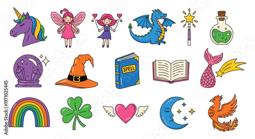 Colorful Fantasy and Magic Theme Icon Set — Unicorn Fairy Dragon Witch Hat Crystal Ball Mermaid Phoenix Vector
