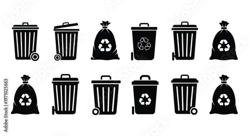 Variety of waste and recycling bins with different symbols for disposal types