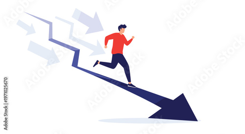 Person in a red shirt runs down a giant blue arrow pointing downwards to symbolize a financial crisis or market crash.