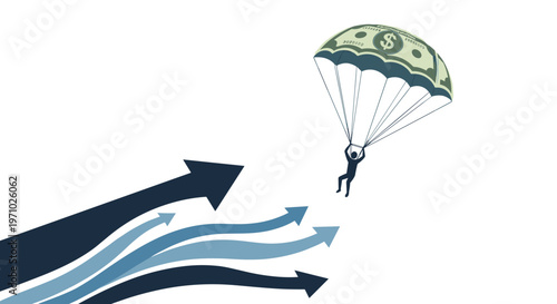 Business professional skydiving with money bill parachute towards multiple rising arrows symbolizing financial safety and growth.