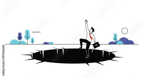Professional businessman walking towards large dark hole in ground symbolizing potential business risks and financial pits.