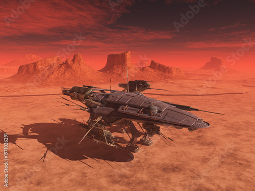 Riesiges Raumschiff in einer rötlichen Wüstenlandschaft in einer fernen Welt