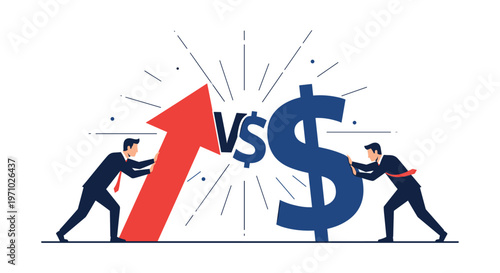 Two businessmen pushing against each other with red rising arrow and blue dollar sign symbol representing market competition.
