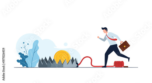 Businessman running fast towards gold coin placed on dangerous bear trap representing financial lures and high risk rewards.