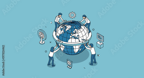Isometric team of professionals working together to measure and assemble globe symbolizing international business collaboration.