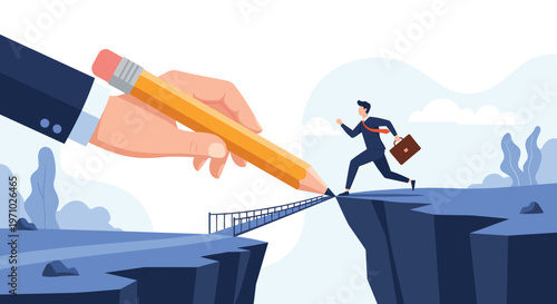 Supportive giant hand drawing pencil bridge over canyon for businessman to cross representing corporate help and solutions.