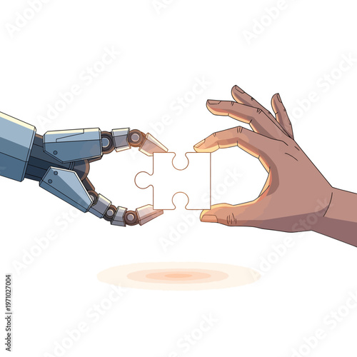 Conceptual human and AI collaboration Robot and human hands uniting a puzzle, symbolizing partnership, problem-solving, and future technology integration