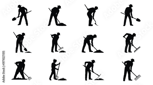Collection of black silhouette icons of workers engaged in various gardening and yard work activities with tools
