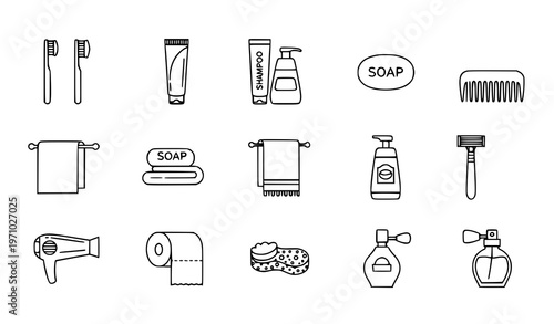 Toiletries and Bathroom Essentials Black White Vector Line Icon Collection