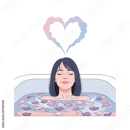 Serene illustration of a woman enjoying a rose petal bath, exhaling heart-shaped steam, symbolizing self-love, relaxation, and personal well-being