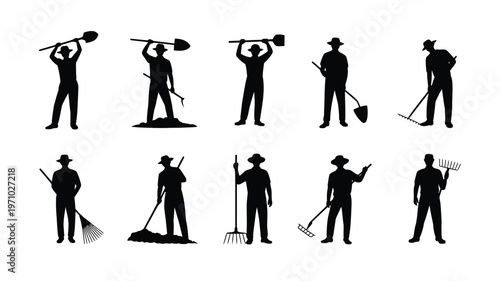 Silhouettes of farmers and laborers with gardening tools shovels rakes and hoes on white background illustrating various actions and poses
