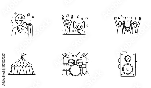 Music Festival Activities Vector Line Icons with Singer Fans Tent Drum and Speaker