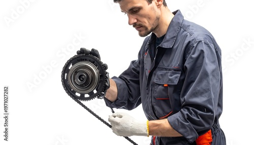 A mechanic in work overalls and gloves inspecting a circular gear and belt assembly. He appears focused, with a bright white backdrop