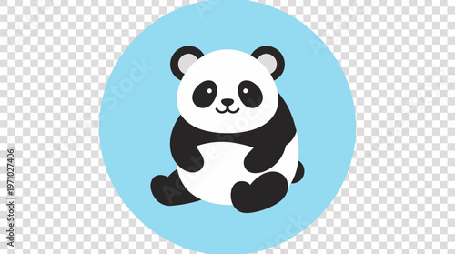 Cute cartoon panda bear sitting illustration in a light blue circular frame.