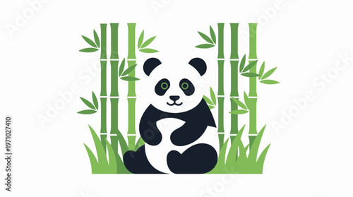 A cute cartoon giant panda with green eyes sitting happily among tall green bamboo stalks and grass in a flat illustration style.
