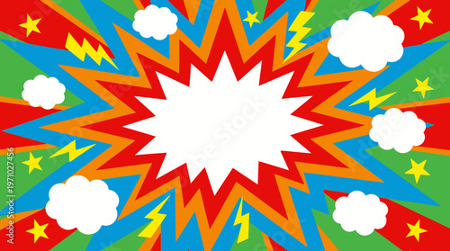 A dynamic and colorful comic book style explosion background with a central starburst, lightning bolts, and cartoon clouds.