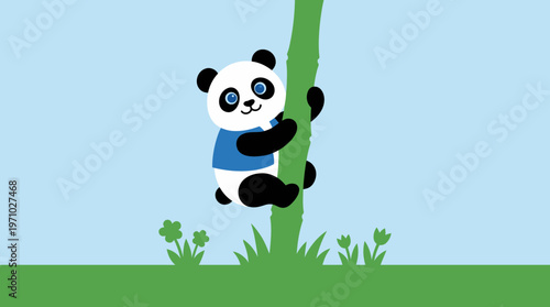A cute cartoon panda wearing a blue vest climbs a tall green bamboo stalk against a light blue sky with green grass below.
